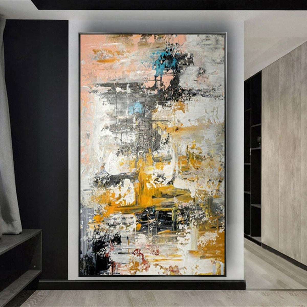 Room mockup. Layered white and grey scraped strokes with yellow, ochre, black and small teal patches.