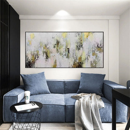 Room mockup. Dense white and pale grey textured dabs surround scattered black vertical marks and soft yellow patches.