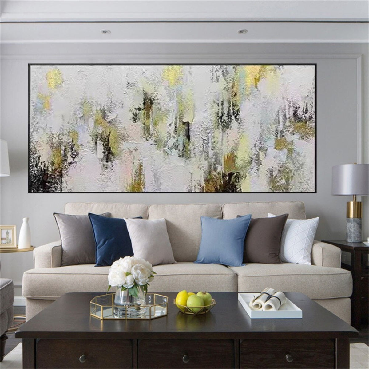 Room mockup. Dense white and pale grey textured dabs surround scattered black vertical marks and soft yellow patches.