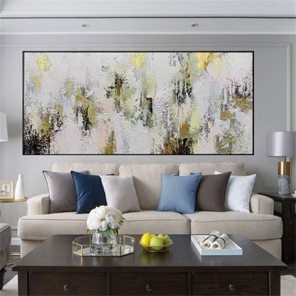 Room mockup. Dense white and pale grey textured dabs surround scattered black vertical marks and soft yellow patches.