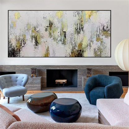Room mockup. Dense white and pale grey textured dabs surround scattered black vertical marks and soft yellow patches.