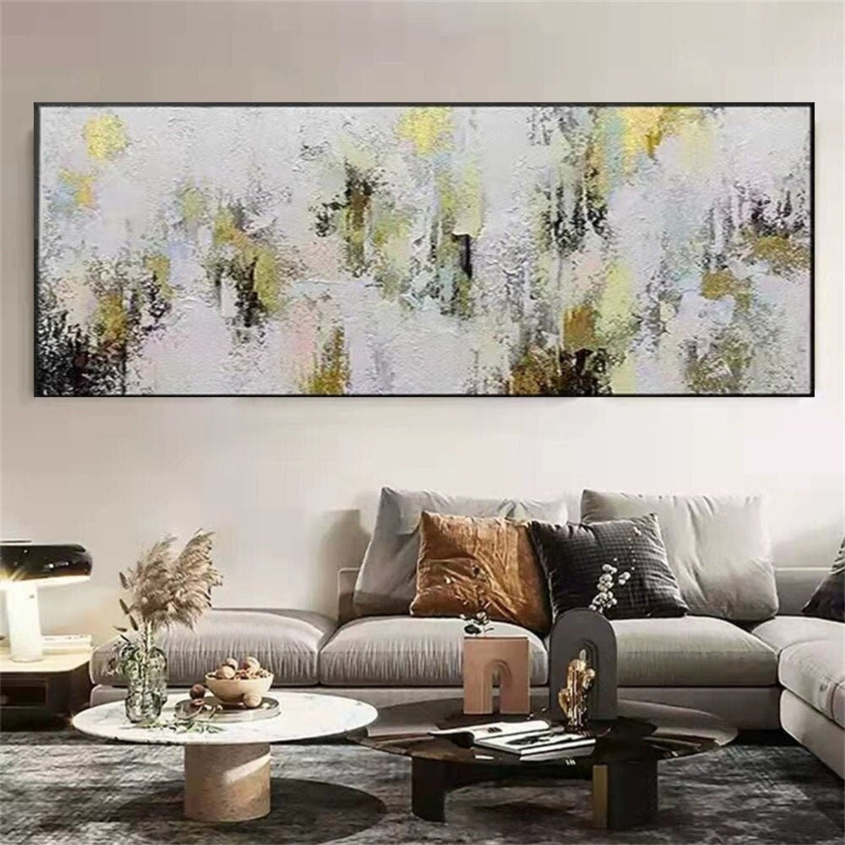 Room mockup. Dense white and pale grey textured dabs surround scattered black vertical marks and soft yellow patches.