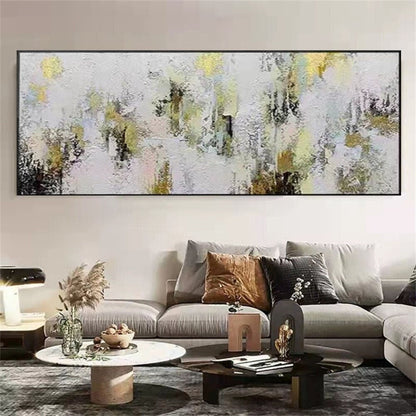 Room mockup. Dense white and pale grey textured dabs surround scattered black vertical marks and soft yellow patches.
