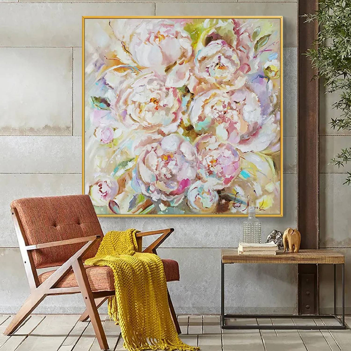 Room mockup. Large loose white and pale pink peony blooms with green and ochre accents against a warm light background.
