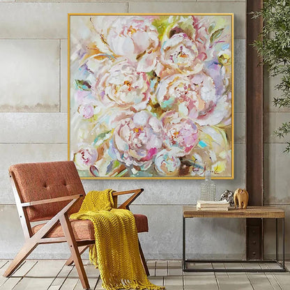 Room mockup. Large loose white and pale pink peony blooms with green and ochre accents against a warm light background.