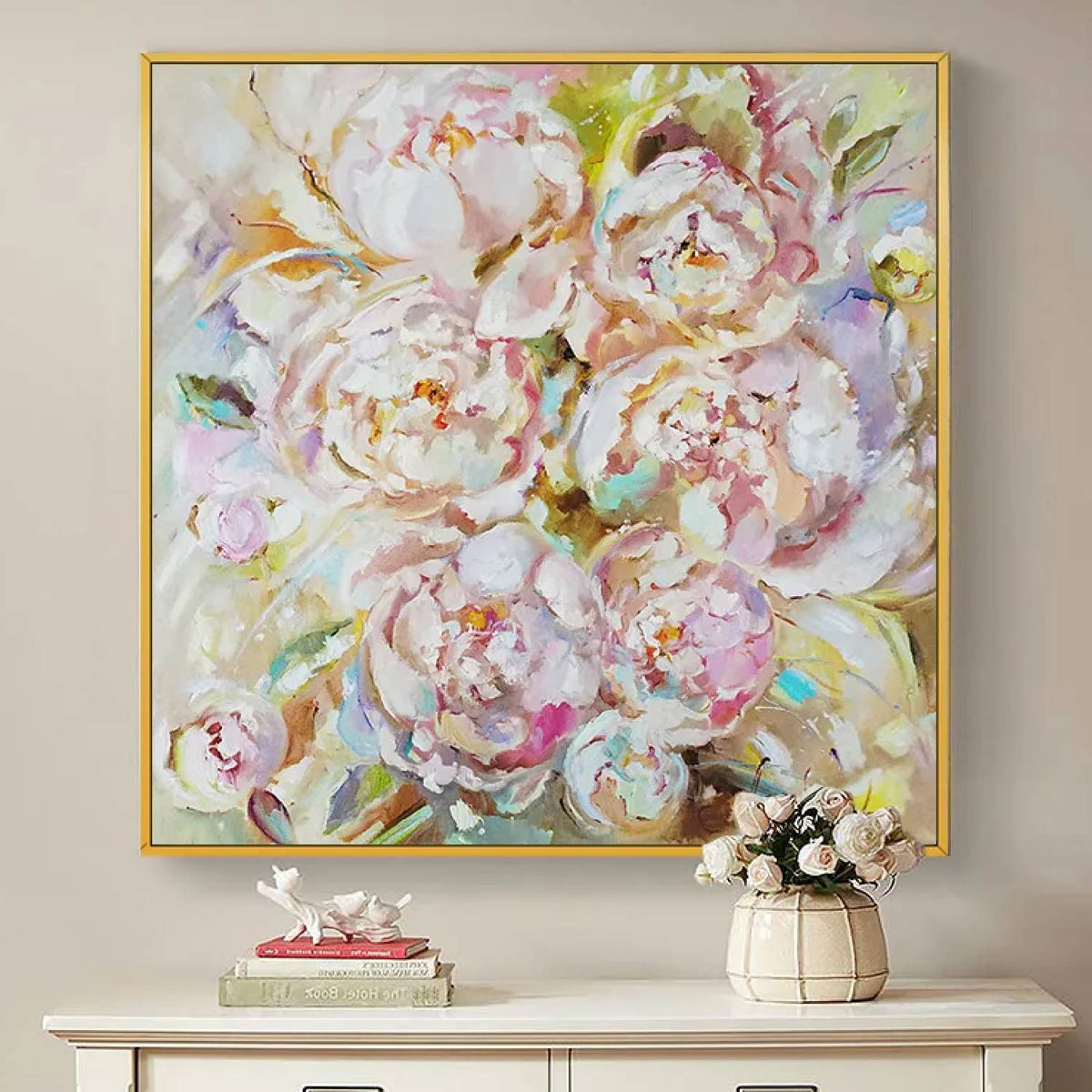Room mockup. Large loose white and pale pink peony blooms with green and ochre accents against a warm light background.