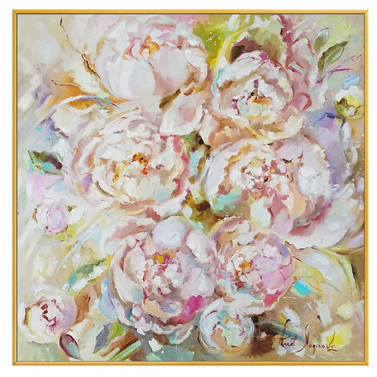 Large loose white and pale pink peony blooms with green and ochre accents against a warm light background.
