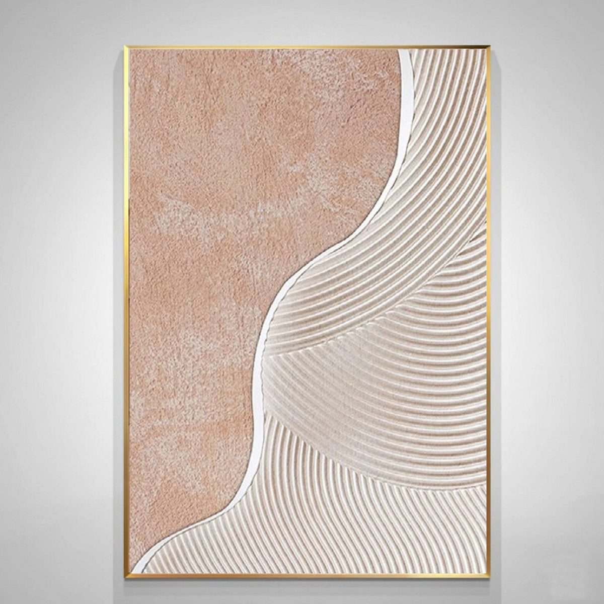 Fine raised white ridges curve across a soft peach and cream textured field in a flowing wave-like pattern.