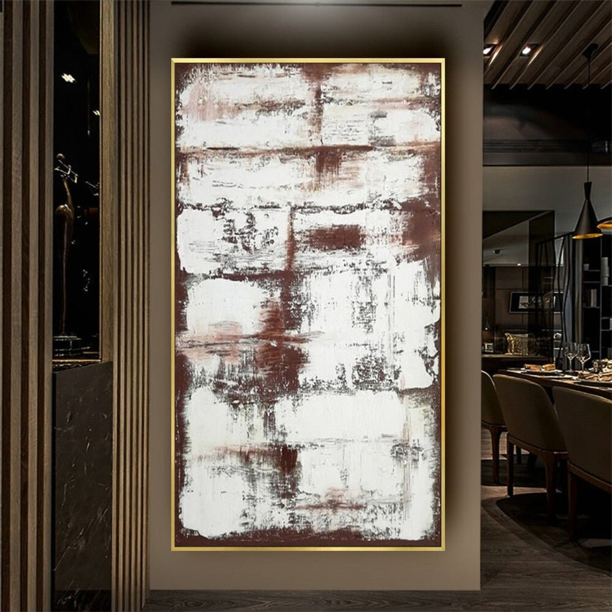 Room mockup. Rough white horizontal scraped blocks overlay rust-brown and charcoal patches in a tall abstract composition.