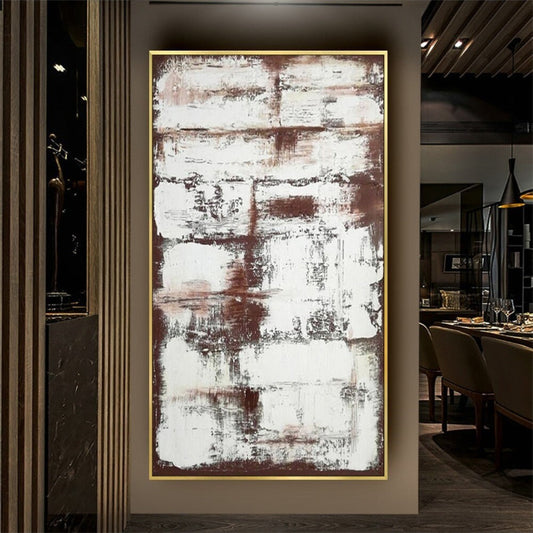 Room mockup. Rough white horizontal scraped blocks overlay rust-brown and charcoal patches in a tall abstract composition.