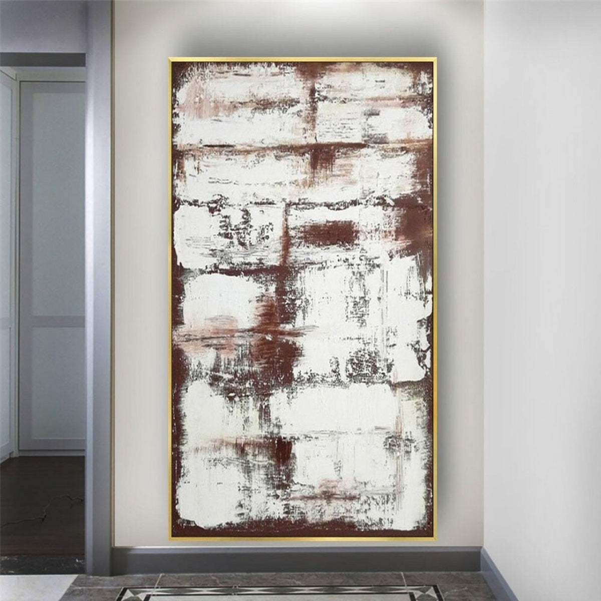 Room mockup. Rough white horizontal scraped blocks overlay rust-brown and charcoal patches in a tall abstract composition.