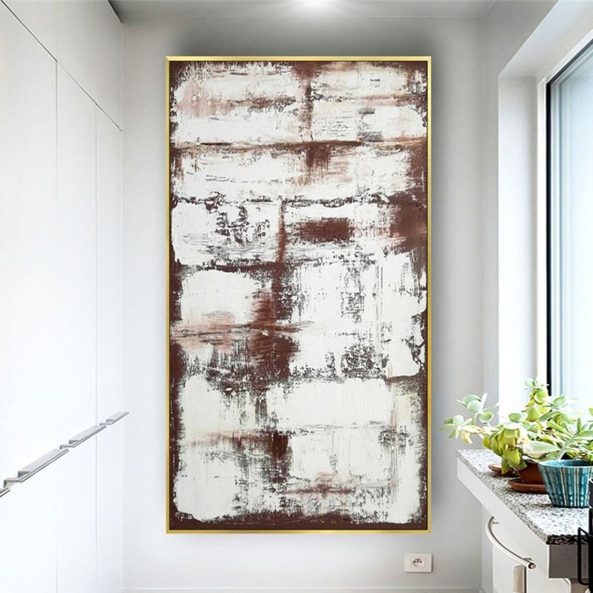 Room mockup. Rough white horizontal scraped blocks overlay rust-brown and charcoal patches in a tall abstract composition.