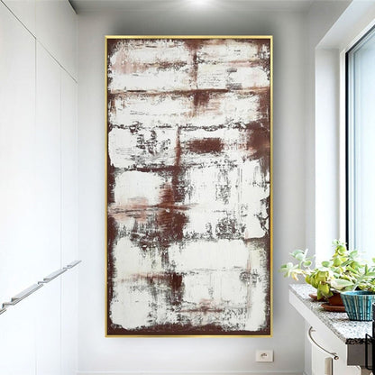 Room mockup. Rough white horizontal scraped blocks overlay rust-brown and charcoal patches in a tall abstract composition.