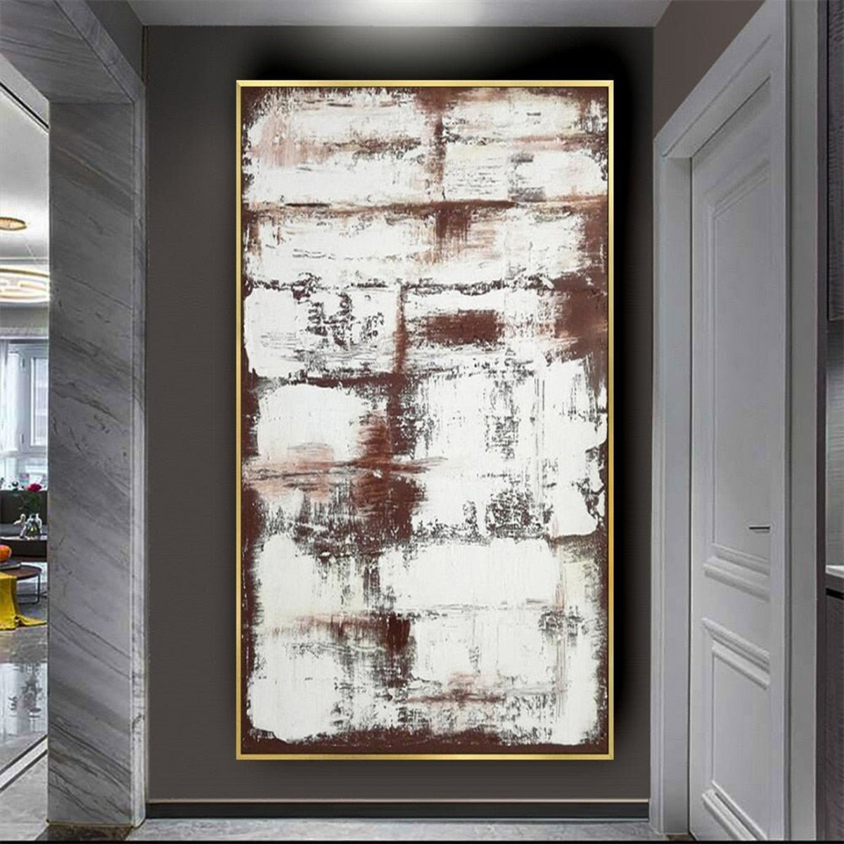 Room mockup. Rough white horizontal scraped blocks overlay rust-brown and charcoal patches in a tall abstract composition.