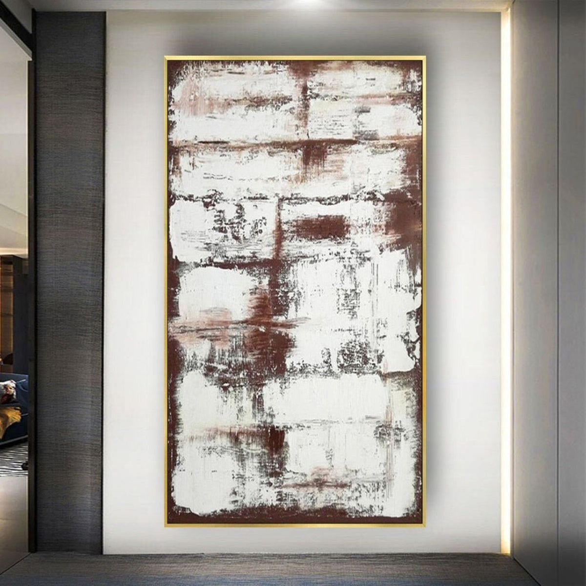 Room mockup. Rough white horizontal scraped blocks overlay rust-brown and charcoal patches in a tall abstract composition.
