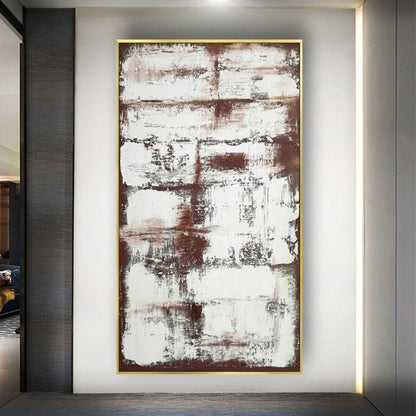 Room mockup. Rough white horizontal scraped blocks overlay rust-brown and charcoal patches in a tall abstract composition.