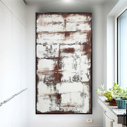Room mockup. Rough white horizontal scraped blocks overlay rust-brown and charcoal patches in a tall abstract composition.