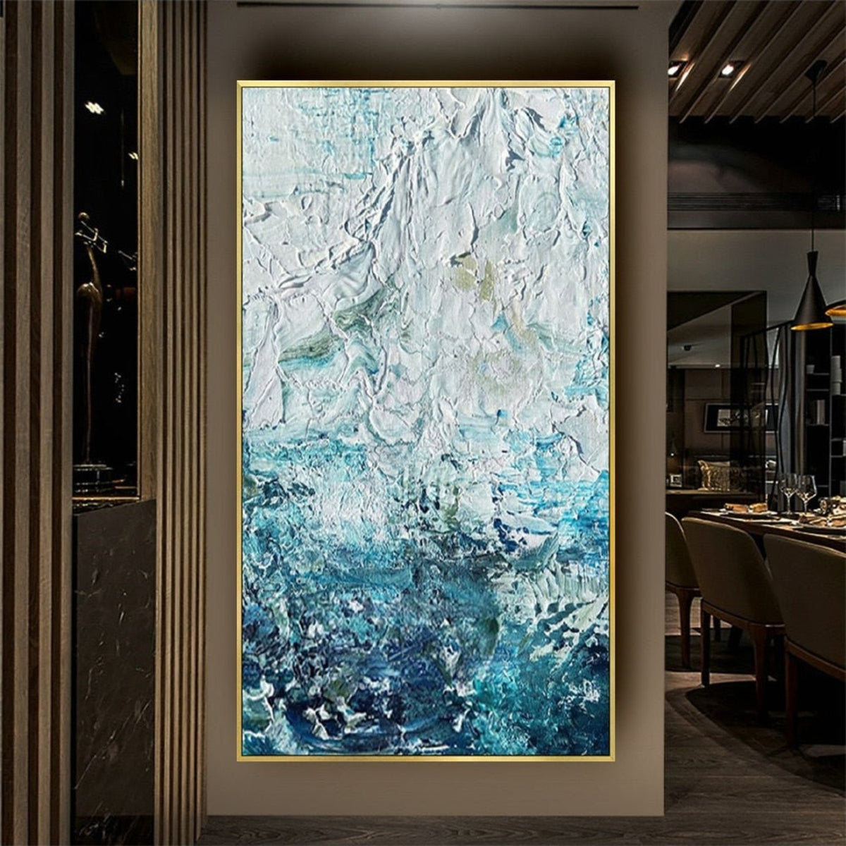 Room mockup. Thick white ridges and dabs fade through pale turquoise into a dense dark blue-green lower field.