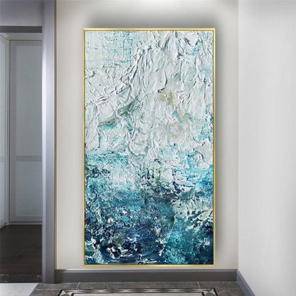 Room mockup. Thick white ridges and dabs fade through pale turquoise into a dense dark blue-green lower field.