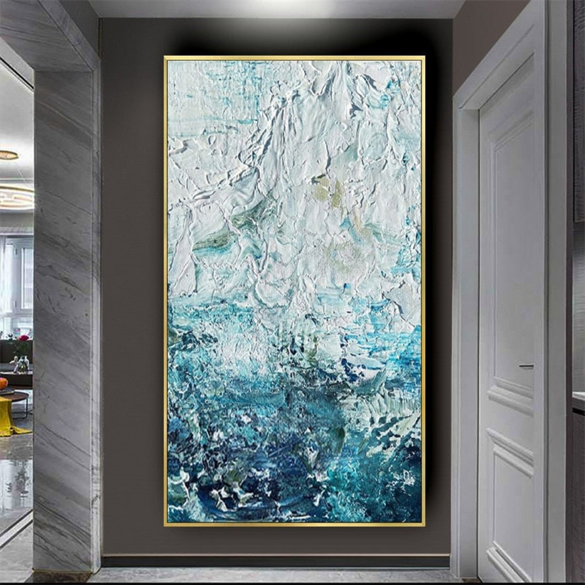 Room mockup. Thick white ridges and dabs fade through pale turquoise into a dense dark blue-green lower field.