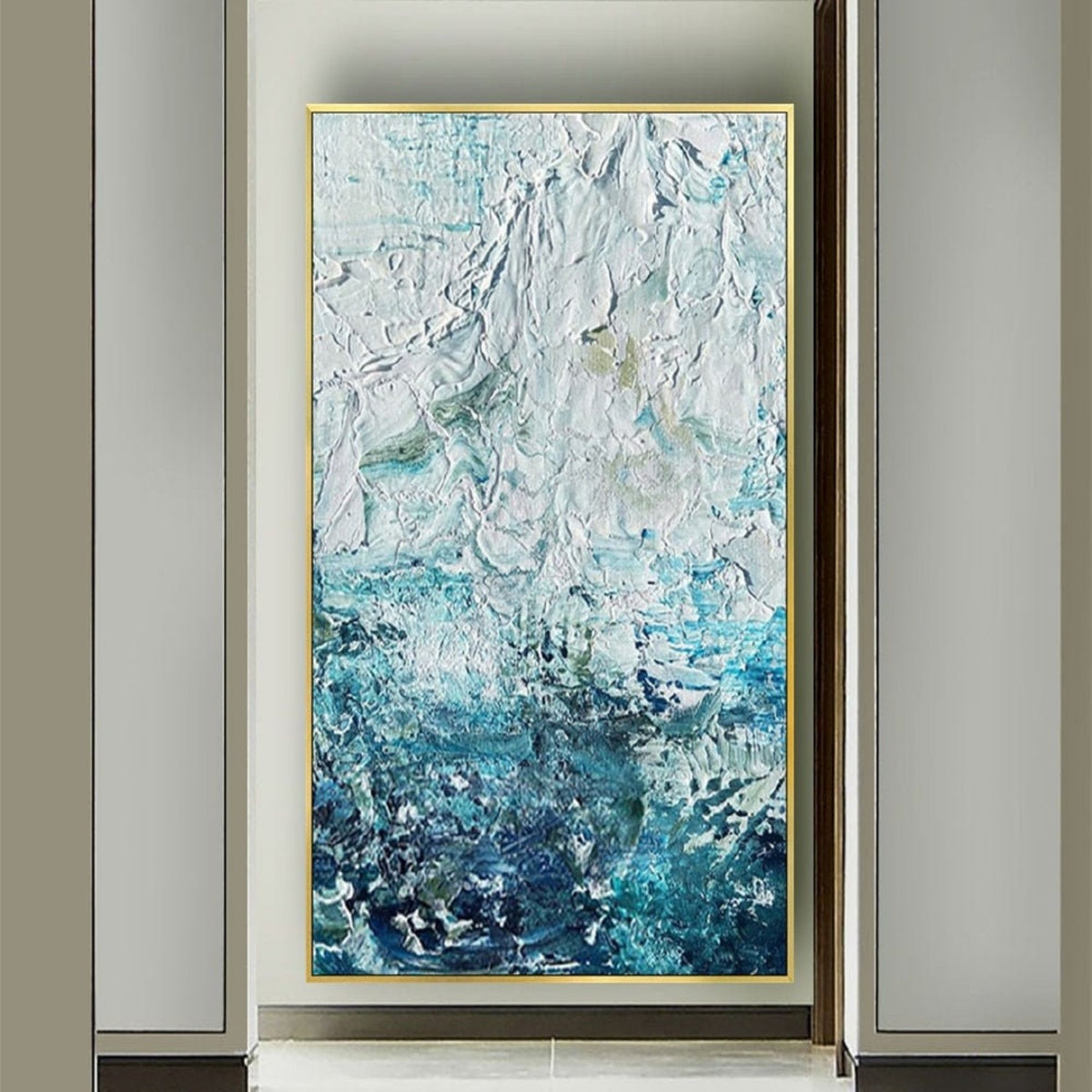 Room mockup. Thick white ridges and dabs fade through pale turquoise into a dense dark blue-green lower field.