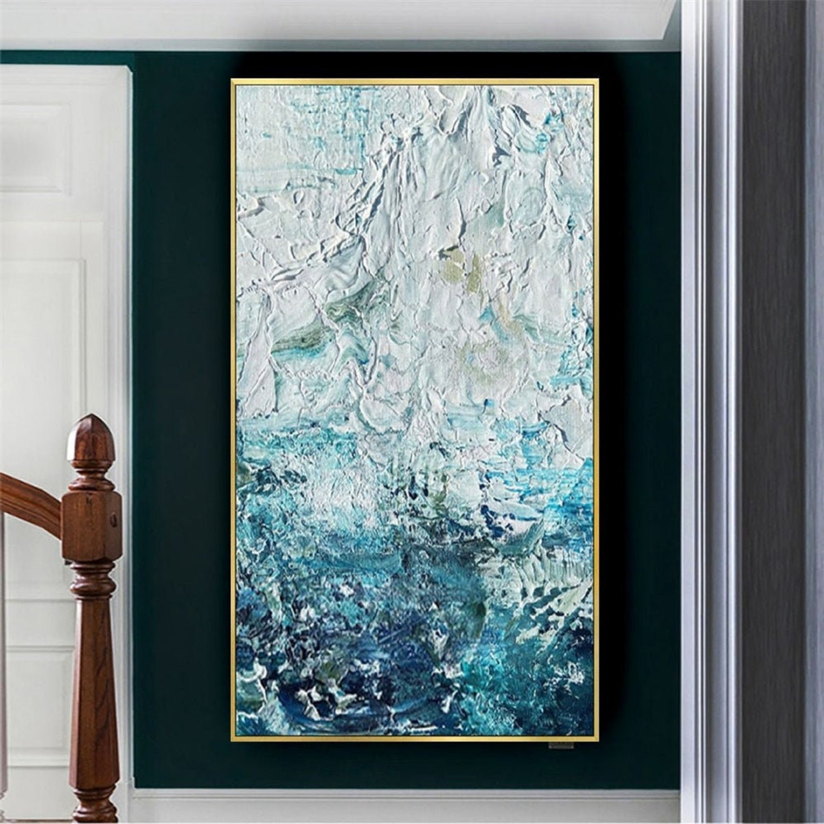 Room mockup. Thick white ridges and dabs fade through pale turquoise into a dense dark blue-green lower field.