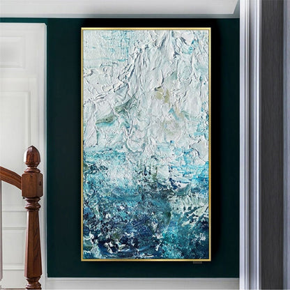 Room mockup. Thick white ridges and dabs fade through pale turquoise into a dense dark blue-green lower field.