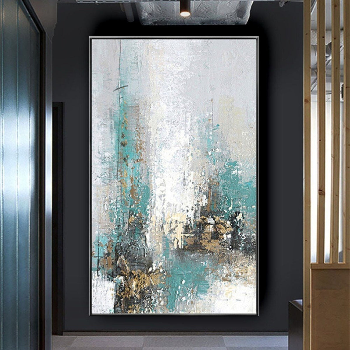 Room mockup. Pale white and turquoise vertical strokes with fine dark drips and small ochre and black clusters near the base.