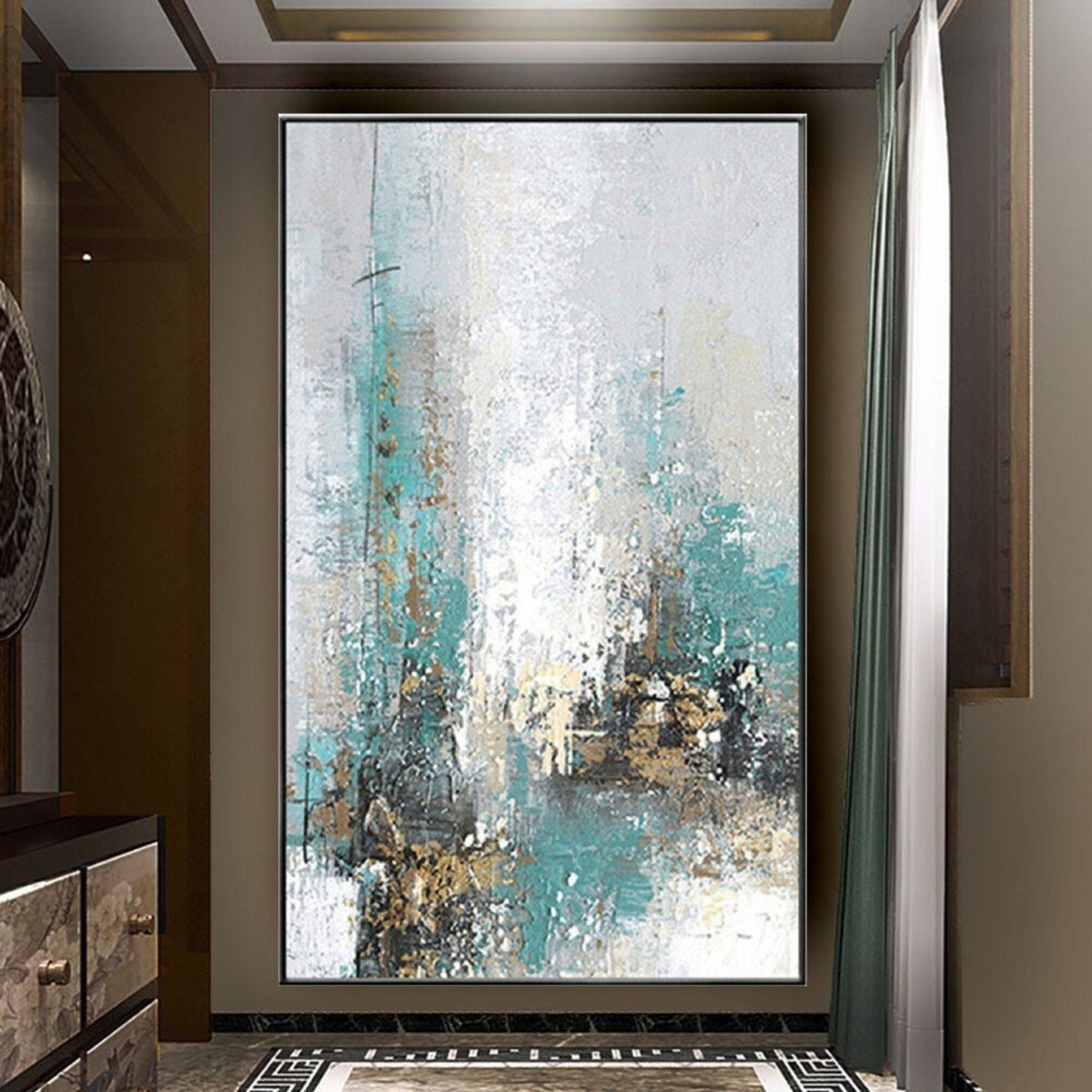 Room mockup. Pale white and turquoise vertical strokes with fine dark drips and small ochre and black clusters near the base.