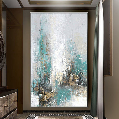Room mockup. Pale white and turquoise vertical strokes with fine dark drips and small ochre and black clusters near the base.