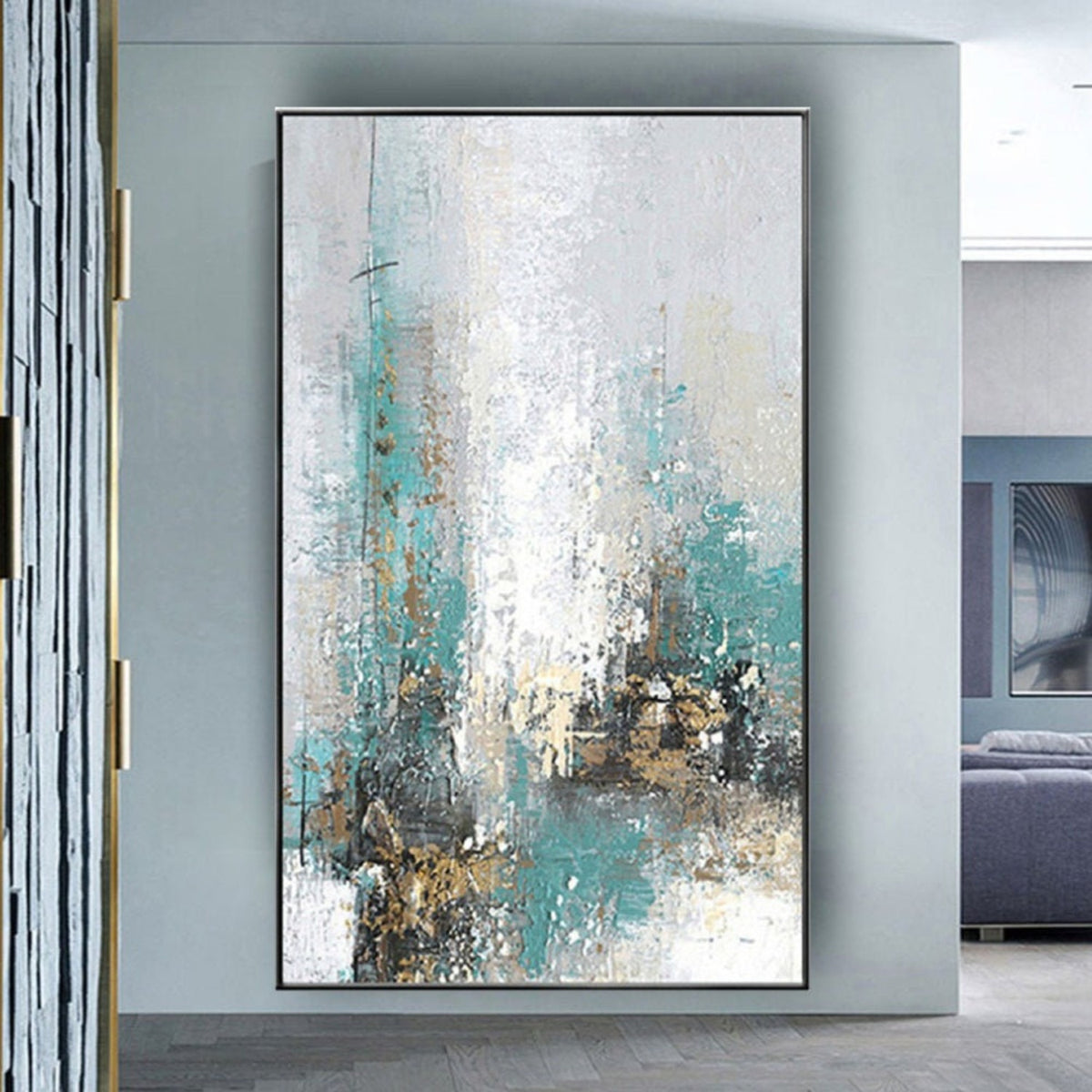Room mockup. Pale white and turquoise vertical strokes with fine dark drips and small ochre and black clusters near the base.