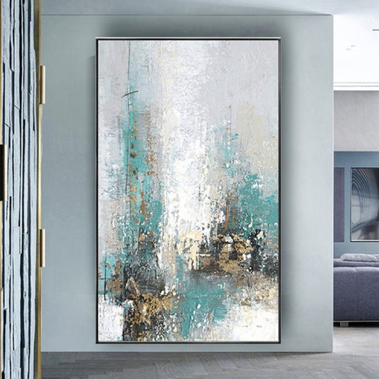 Room mockup. Pale white and turquoise vertical strokes with fine dark drips and small ochre and black clusters near the base.