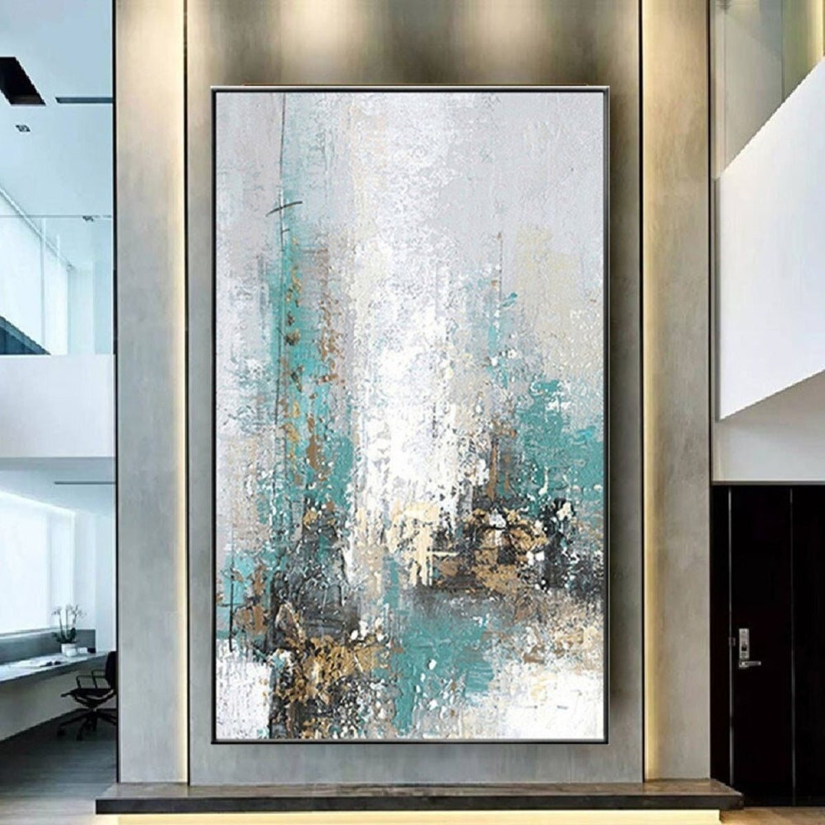 Room mockup. Pale white and turquoise vertical strokes with fine dark drips and small ochre and black clusters near the base.