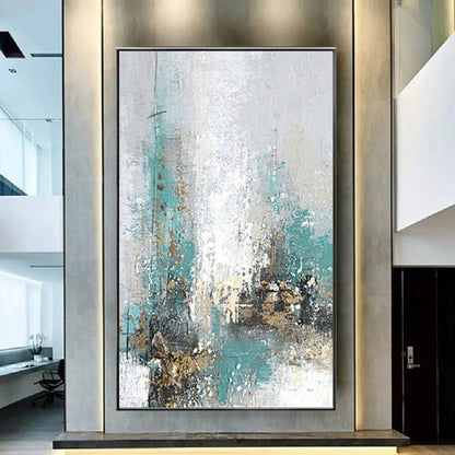 Room mockup. Pale white and turquoise vertical strokes with fine dark drips and small ochre and black clusters near the base.
