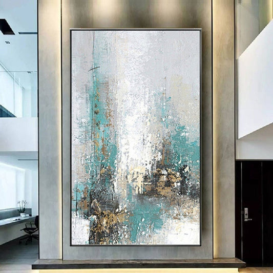 Room mockup. Pale white and turquoise vertical strokes with fine dark drips and small ochre and black clusters near the base.
