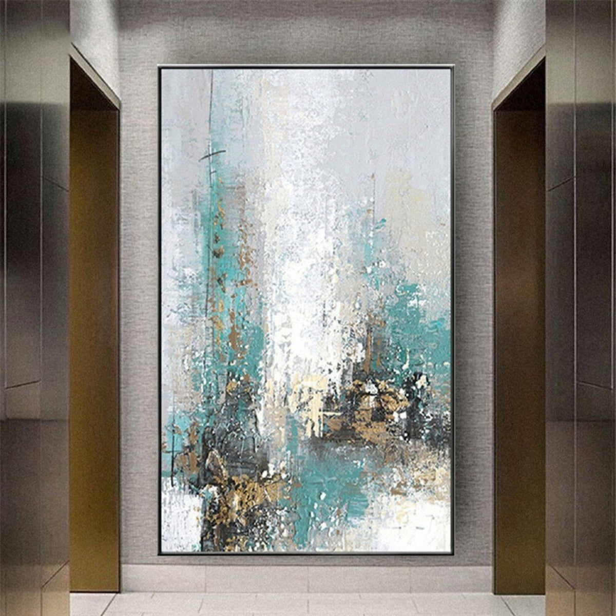 Room mockup. Pale white and turquoise vertical strokes with fine dark drips and small ochre and black clusters near the base.