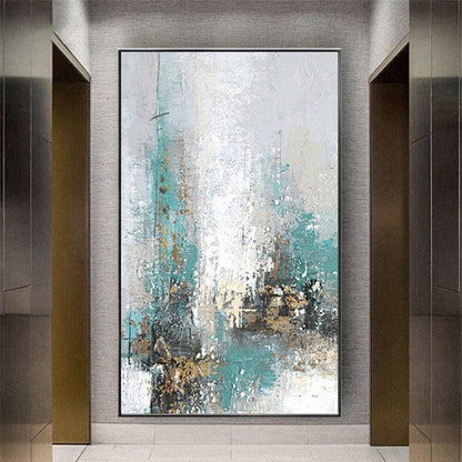 Room mockup. Pale white and turquoise vertical strokes with fine dark drips and small ochre and black clusters near the base.