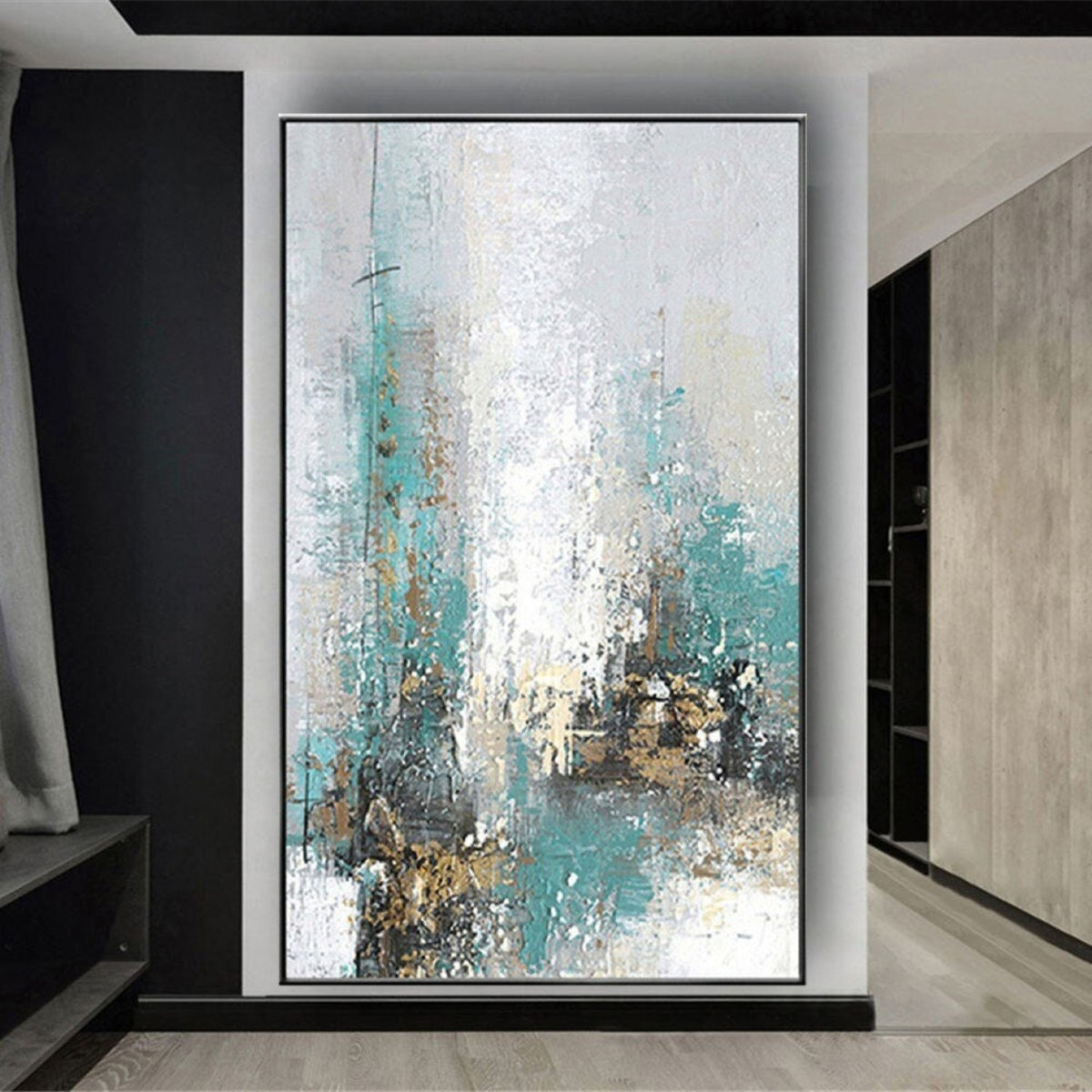 Room mockup. Pale white and turquoise vertical strokes with fine dark drips and small ochre and black clusters near the base.