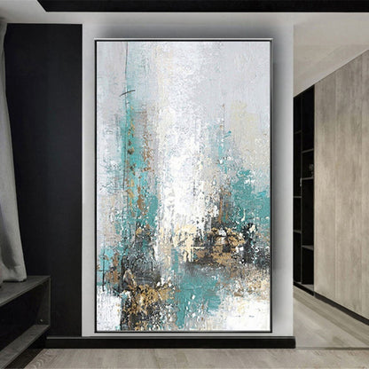 Room mockup. Pale white and turquoise vertical strokes with fine dark drips and small ochre and black clusters near the base.