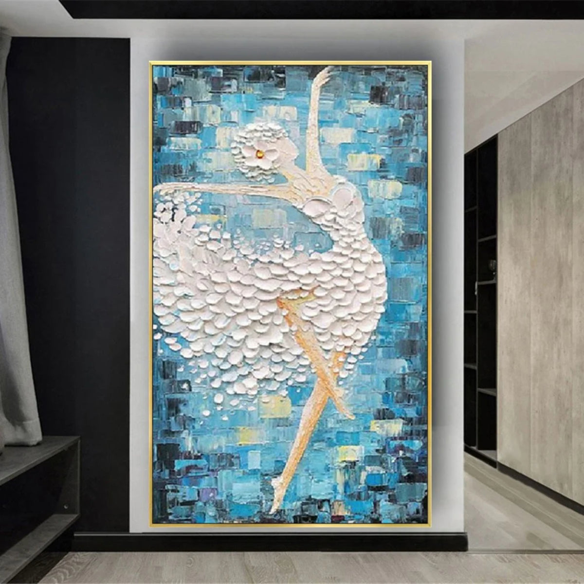 Room mockup. Ballerina with raised arms and a white textured tutu against angular blue shapes.
