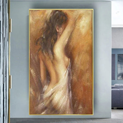 Room mockup. Woman with long brown hair and a bare upper back, cream cloth around her hips and a warm sepia background.