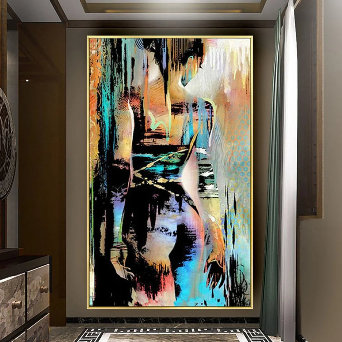 Room mockup. Woman seen from behind in a dark dress, surrounded by turquoise, orange and cream drips and strokes.