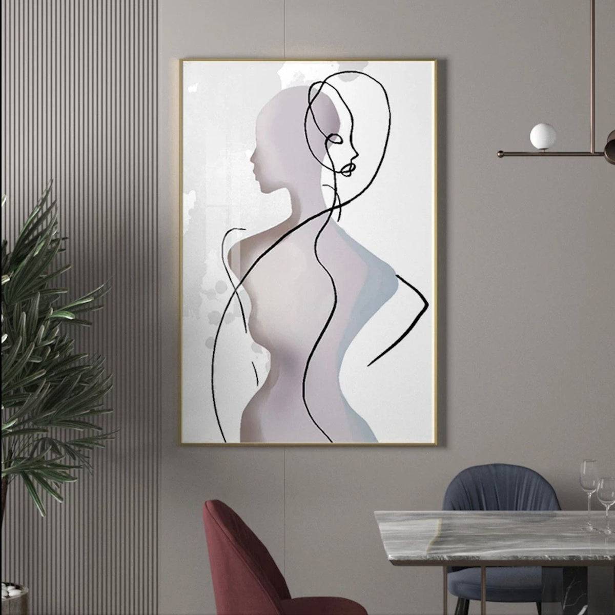 Room mockup. A pale mauve woman in profile overlaps a flowing black line drawing of a face and torso on white with light blue accents.