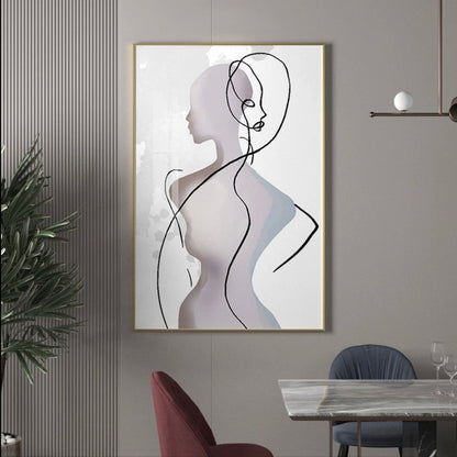 Room mockup. A pale mauve woman in profile overlaps a flowing black line drawing of a face and torso on white with light blue accents.