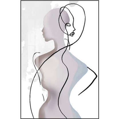 A pale mauve woman in profile overlaps a flowing black line drawing of a face and torso on white with light blue accents.