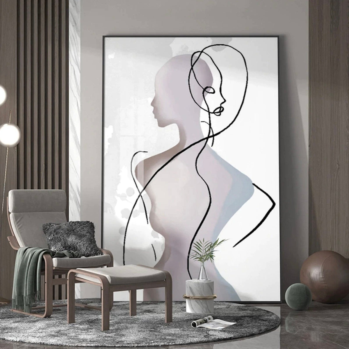 Room mockup. A pale mauve woman in profile overlaps a flowing black line drawing of a face and torso on white with light blue accents.