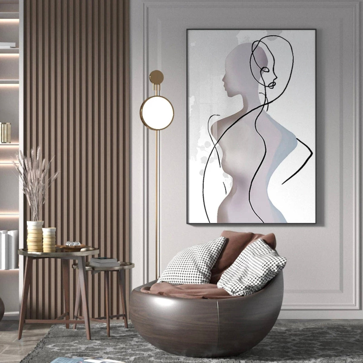 Room mockup. A pale mauve woman in profile overlaps a flowing black line drawing of a face and torso on white with light blue accents.