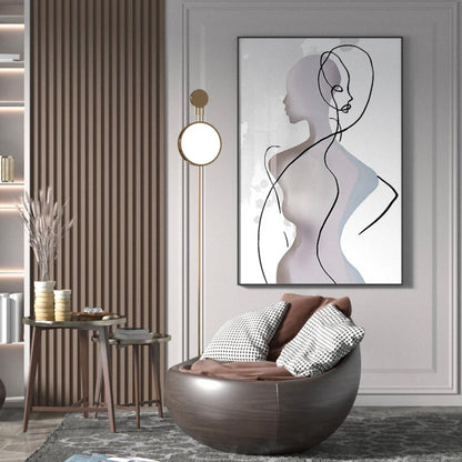 Room mockup. A pale mauve woman in profile overlaps a flowing black line drawing of a face and torso on white with light blue accents.