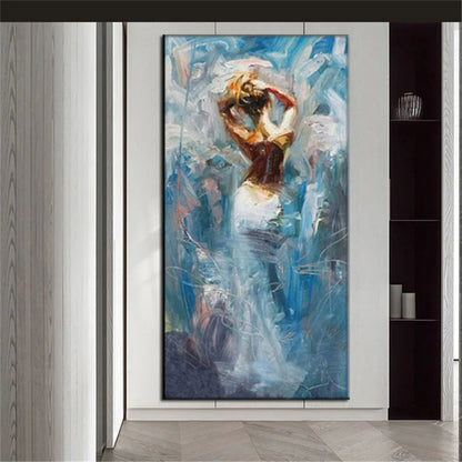 Room mockup. Woman seen from behind with arms overhead and a flowing pale dress against blue and white abstract marks.