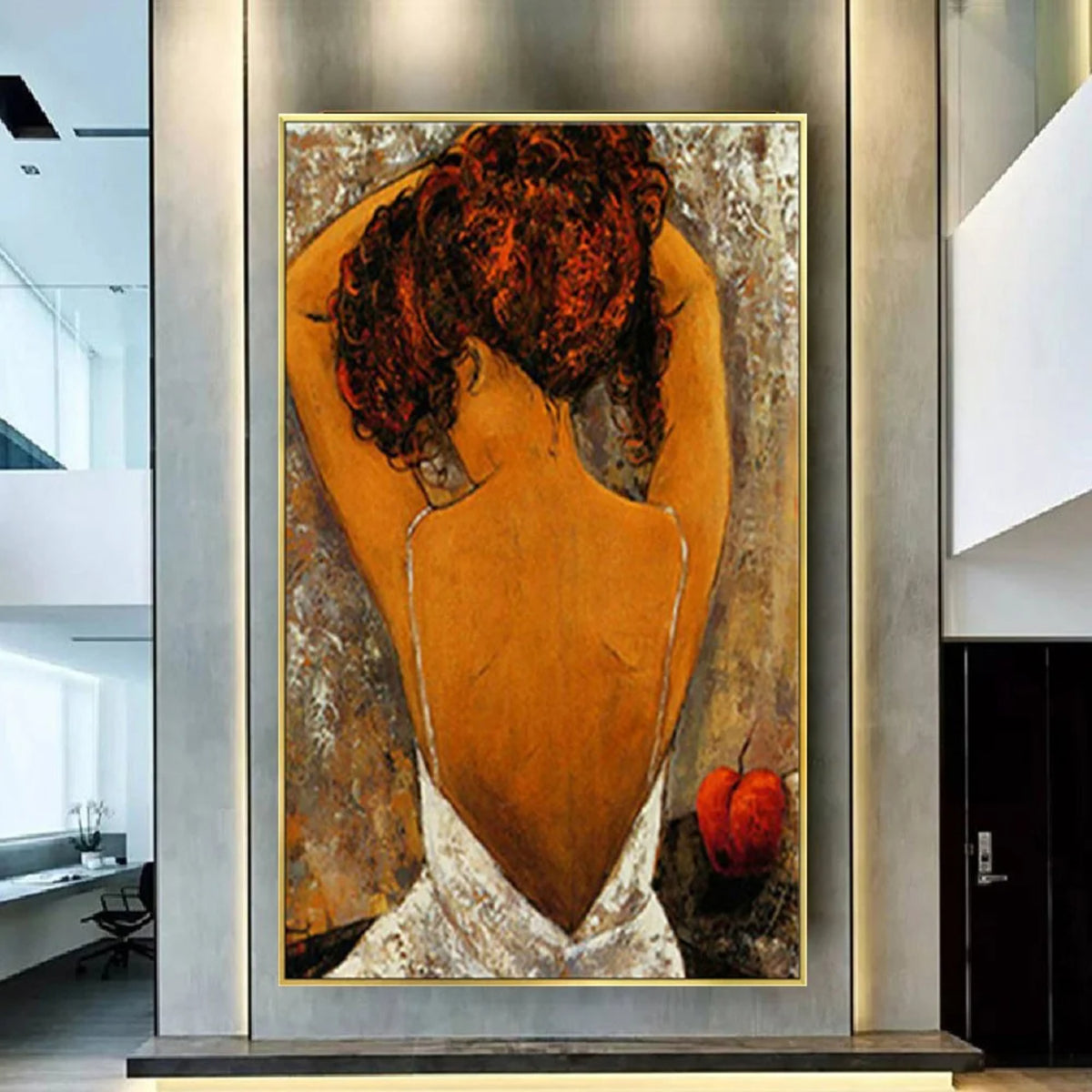 Room mockup. Woman with hands in her hair wearing a low-backed white dress against grey and cream texture, with a red flower below.